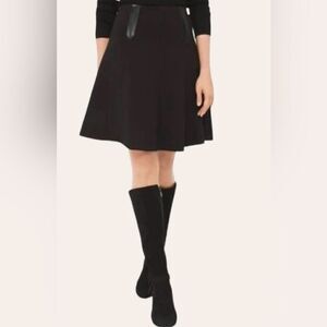 WHBM 4 Black Ponte Knit Detailed Stitching & Leather Front A-Line Trumpet Skirt